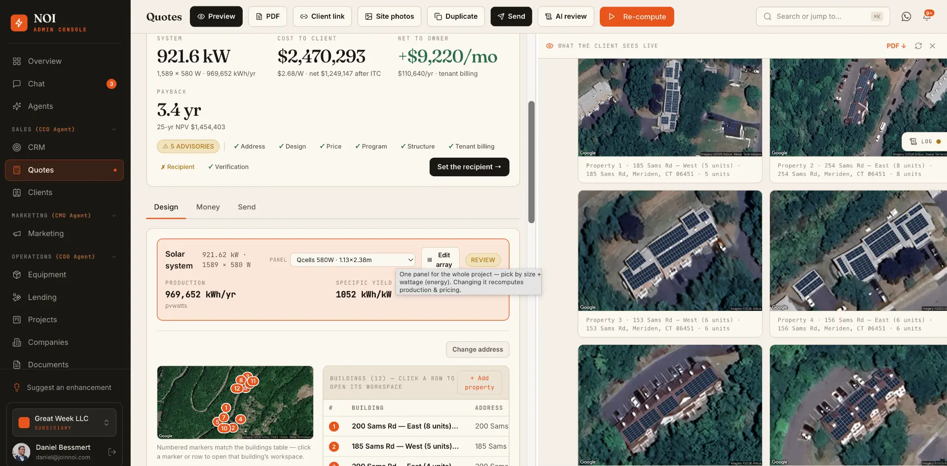 NOI Admin Console quote builder showing system size, cost to client, net to owner and a live client preview with rooftop imagery