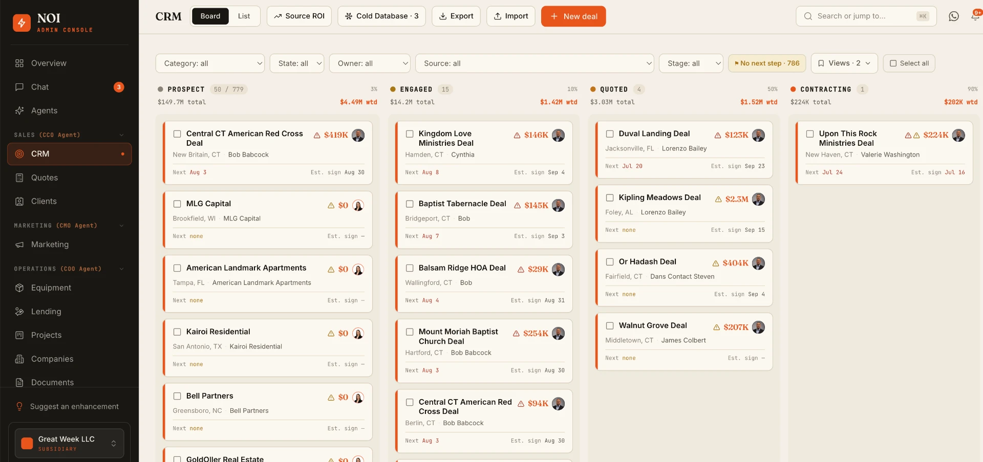 NOI Admin Console CRM kanban board with prospect, engaged, quoted and contracting deal columns