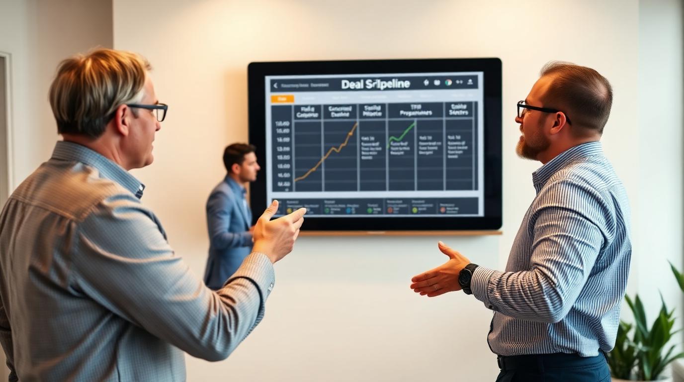 Solar sales team reviewing a deal pipeline on a screen in an office