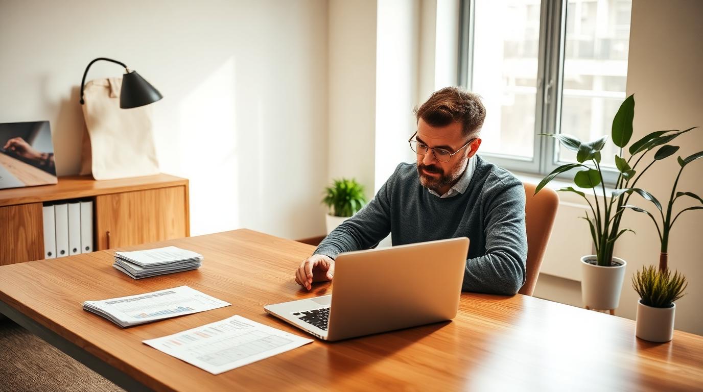 Property owner reviewing monthly solar revenue statements on a laptop