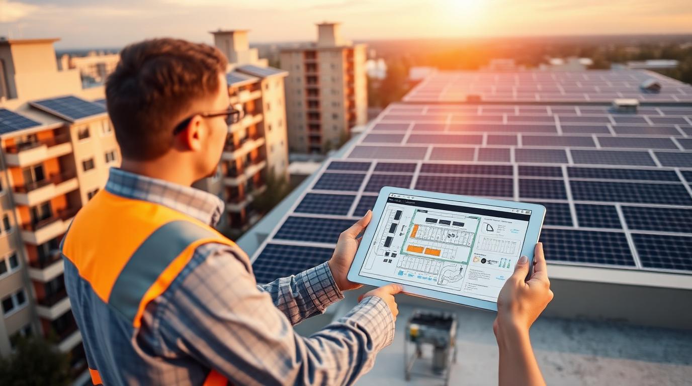 Engineer on a multifamily rooftop reviewing a solar array layout on a tablet