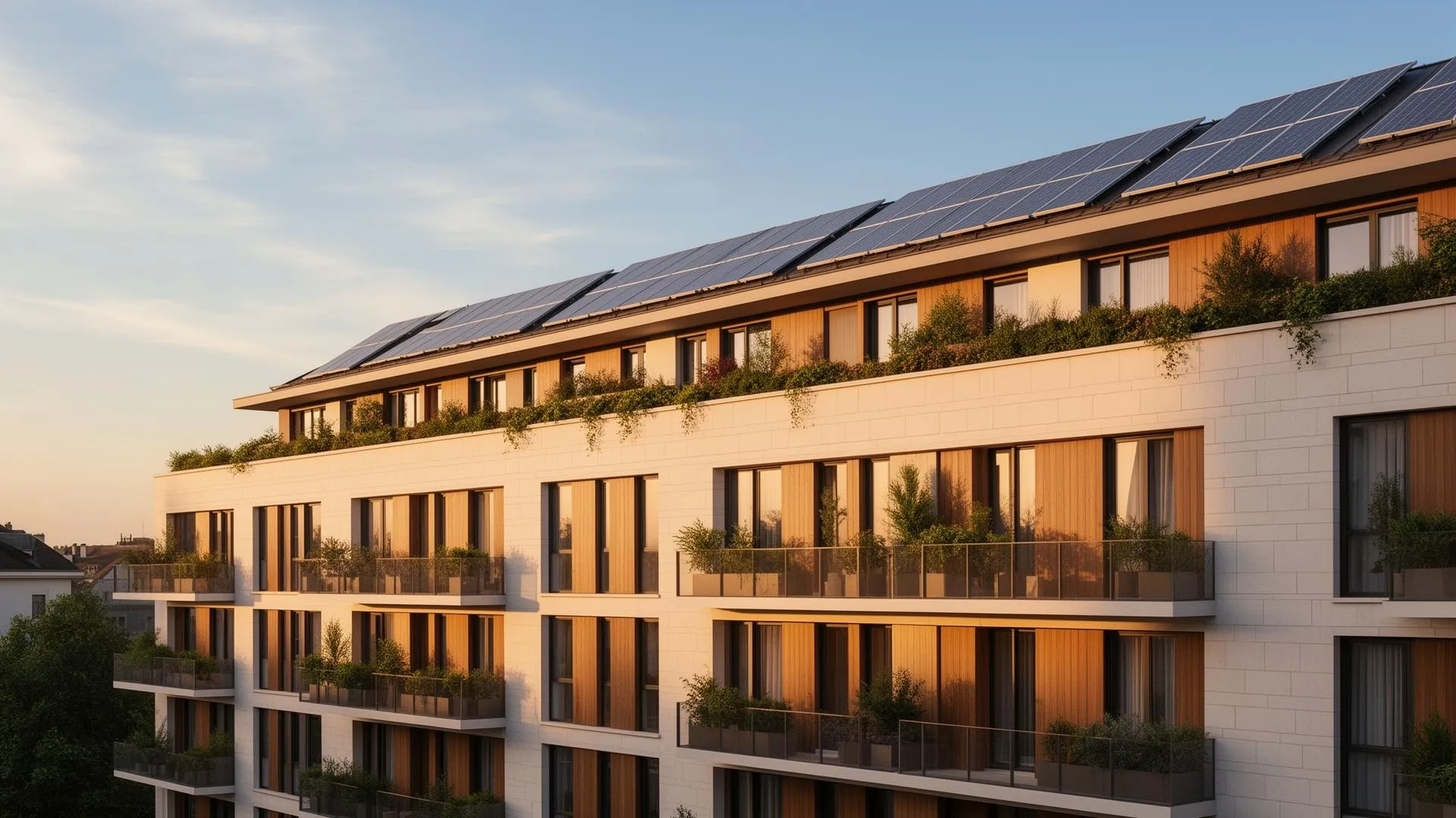 Rooftop solar array on a mid-rise building at sunset