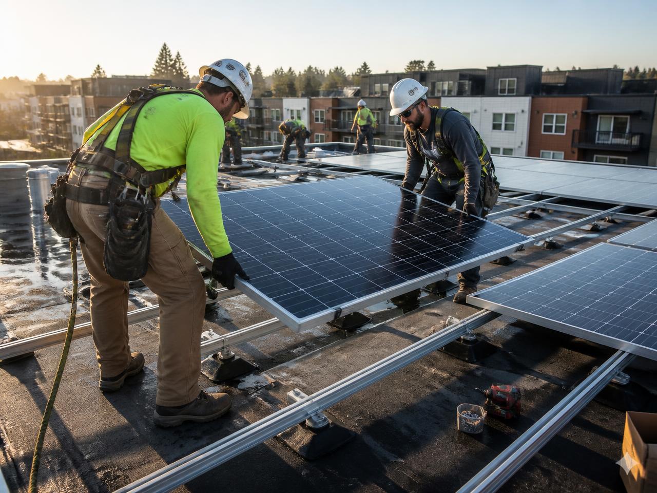Solar installation crew mounting photovoltaic panels on a flat residential rooftop