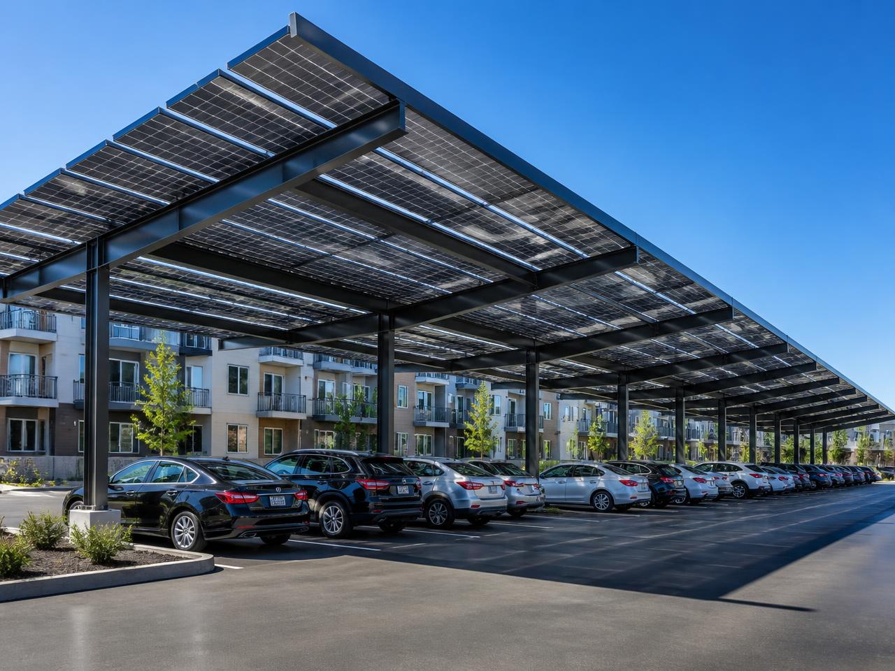 Solar carport canopy over resident parking at a modern apartment community
