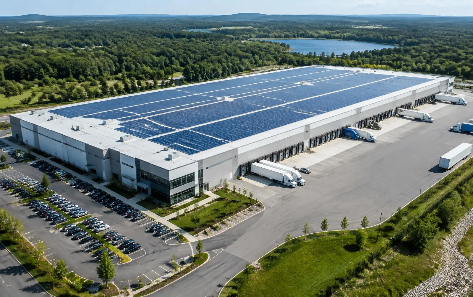 Large logistics warehouse with an expansive rooftop solar array