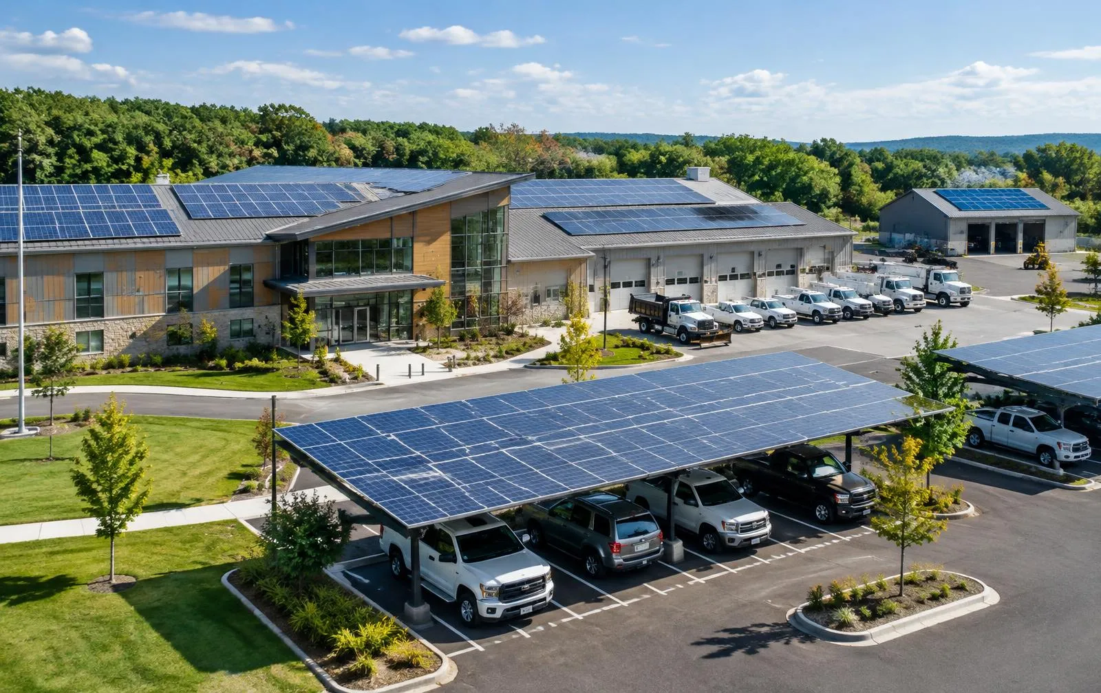 Municipal services campus with rooftop solar and solar parking canopies