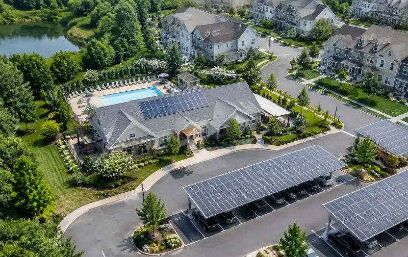 Representative residential community with solar on common-area buildings
