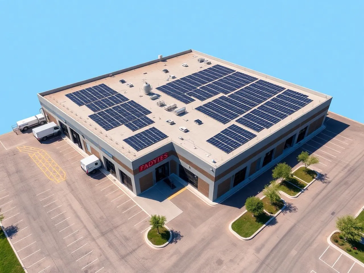 Aerial view of a commercial building with a rooftop solar array
