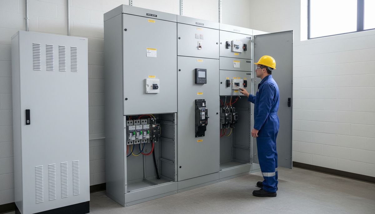 Engineer checking a power meter on switchgear beside a battery cabinet