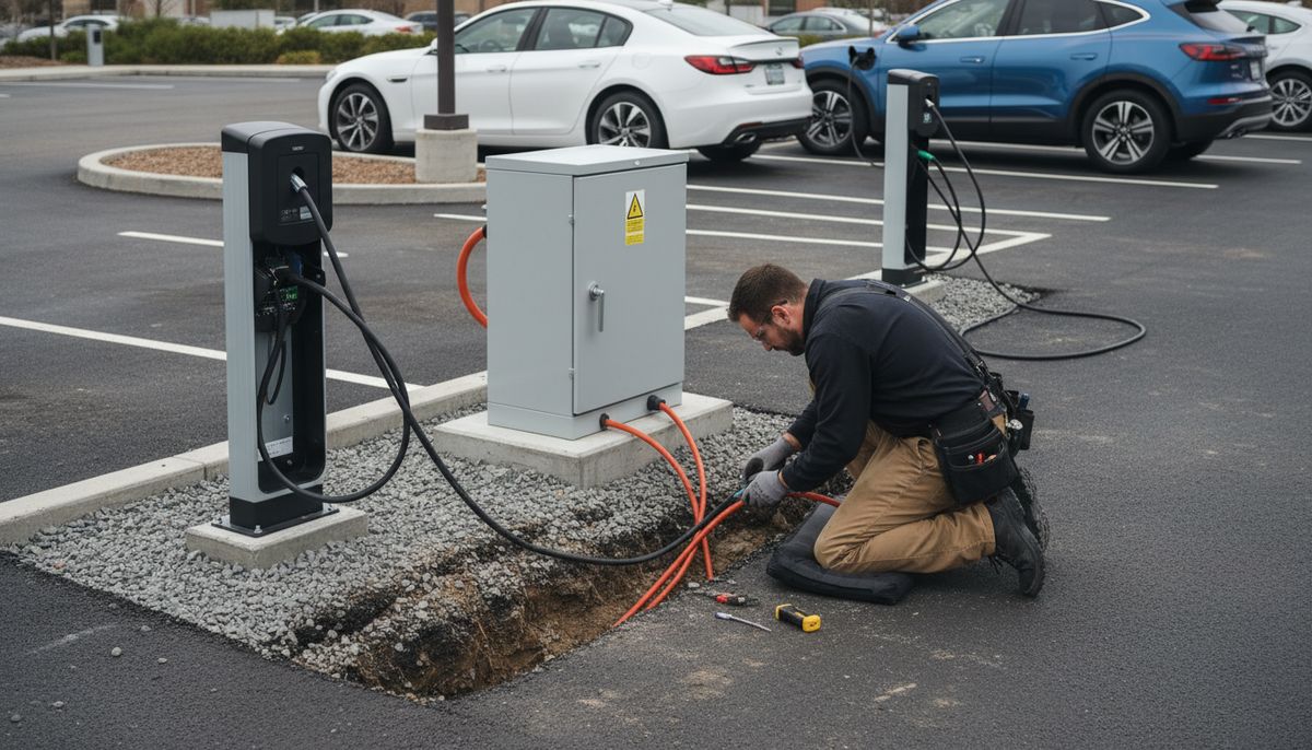 Electrician wiring a new EV charger in a commercial parking lot