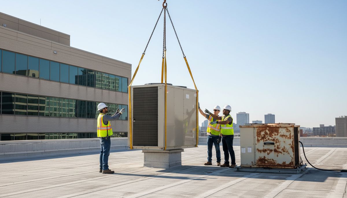 Technicians guiding a new rooftop heat pump unit into place by crane