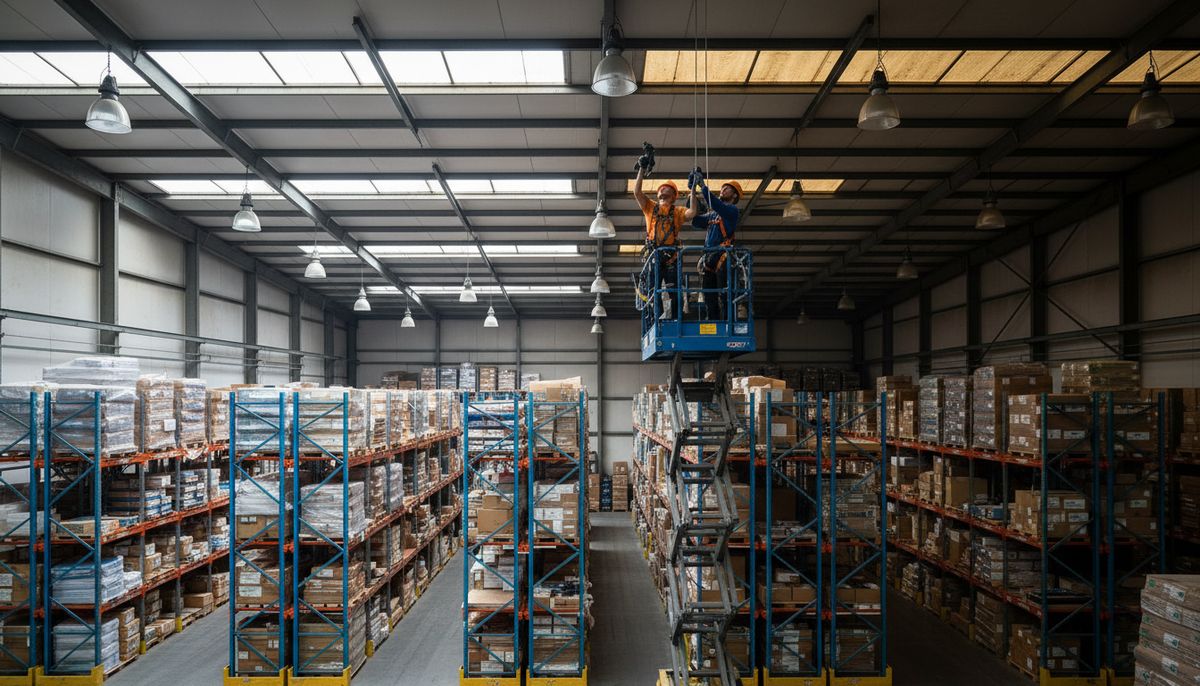 Electricians on a lift installing LED high-bay lights in a warehouse