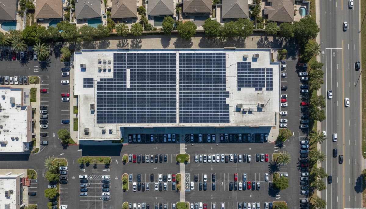Aerial view of a shopping center with rooftop solar