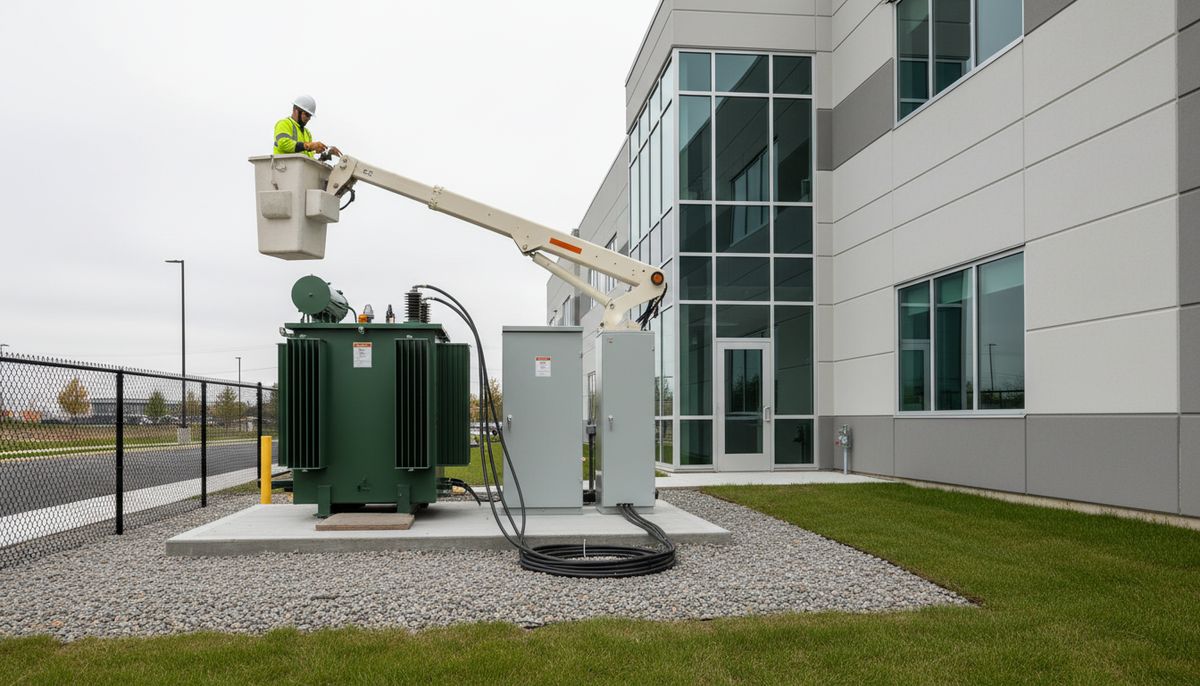 Utility truck beside a pad-mounted transformer at a commercial building