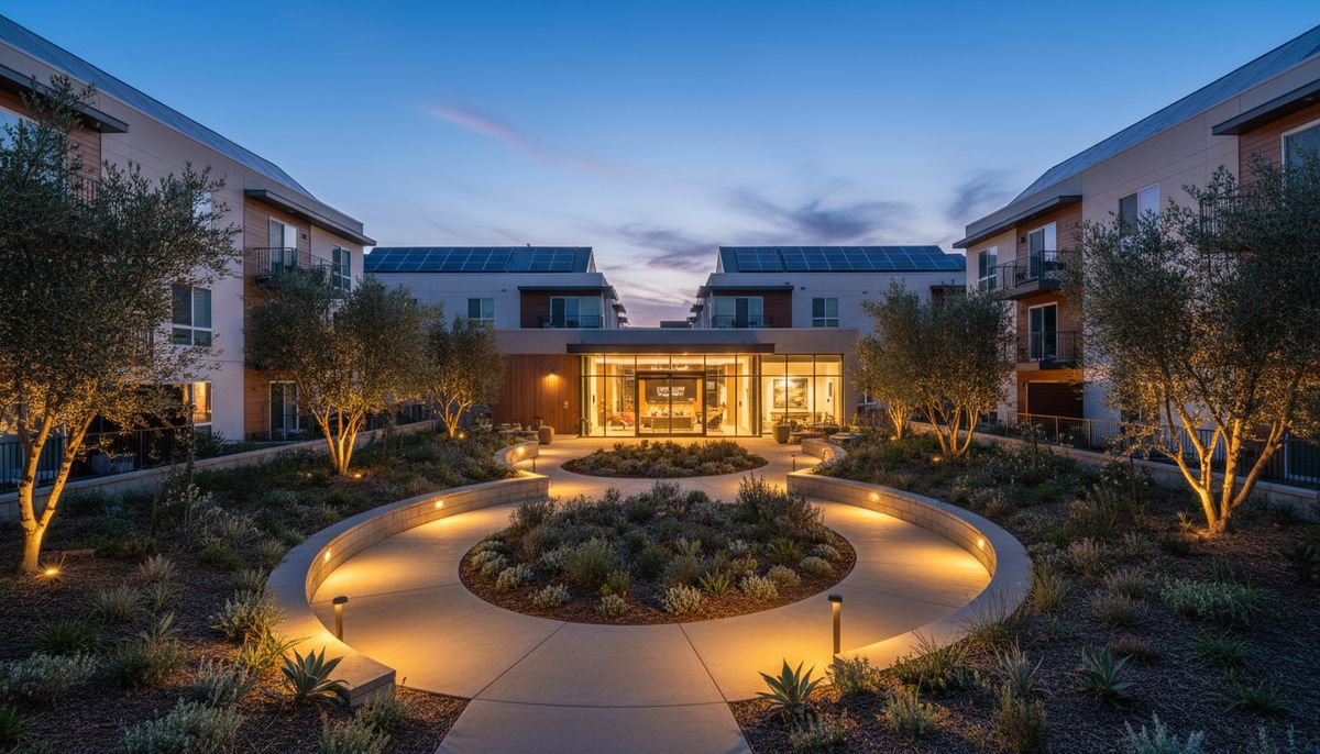 Apartment courtyard at dusk with common-area lighting and rooftop solar