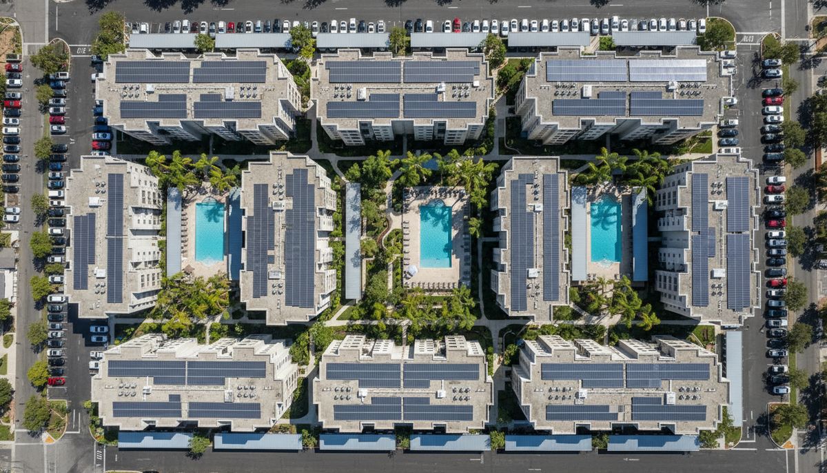 Aerial view of a multifamily campus with solar on every roof