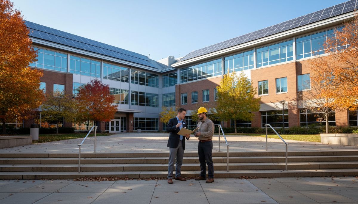 Facilities director and installer outside a public building with rooftop solar