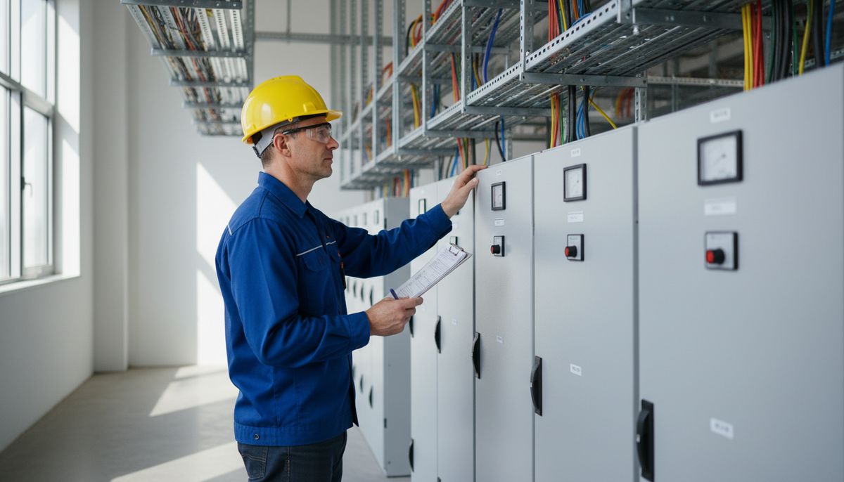 Electrician inspecting new switchgear in a commercial electrical room