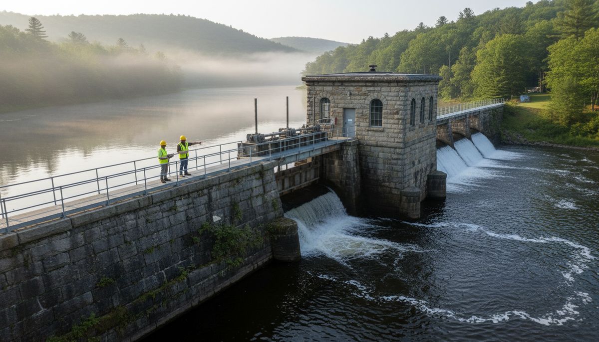 Engineers on the walkway of a small hydroelectric powerhouse at a stone dam