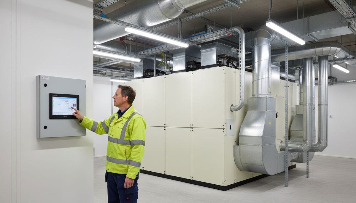 Facilities manager checking a building controls panel in a mechanical room