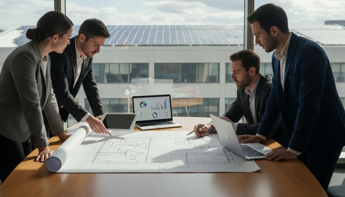 Property team reviewing a site plan beside a window with rooftop solar outside