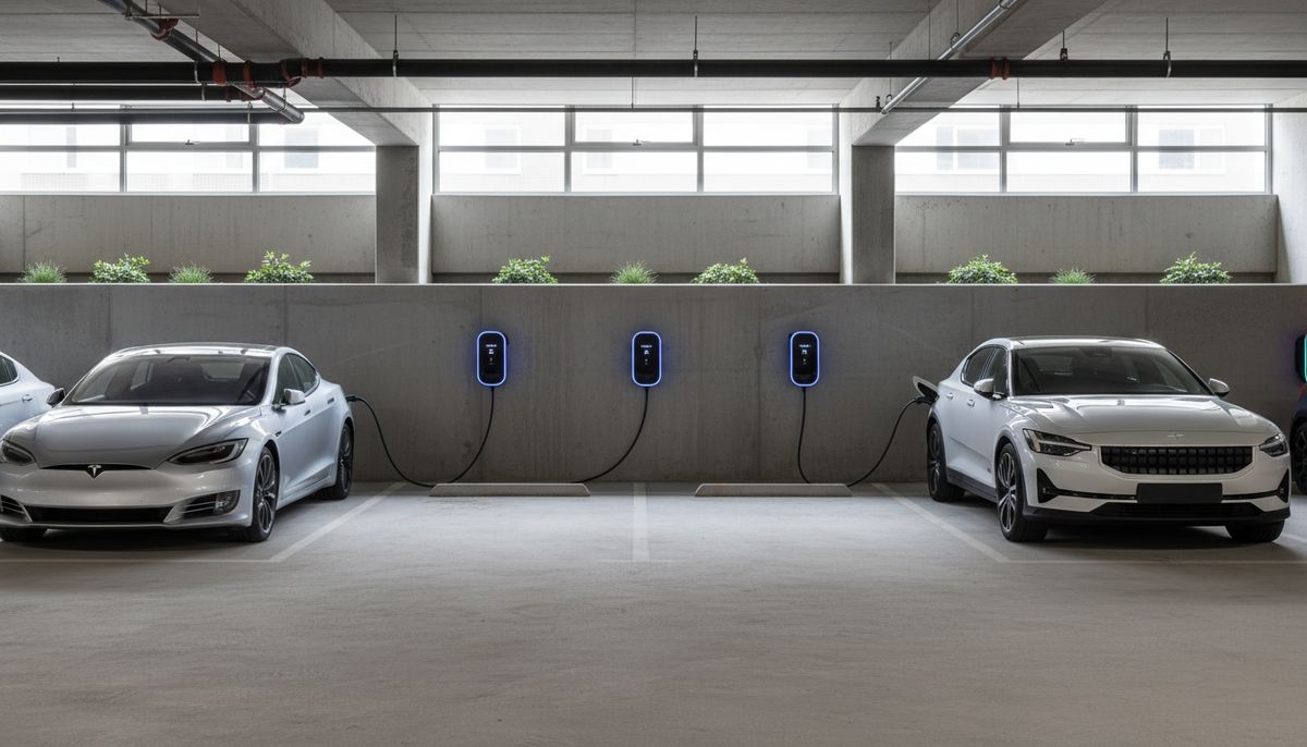 Apartment parking garage with EV chargers and cars plugged in