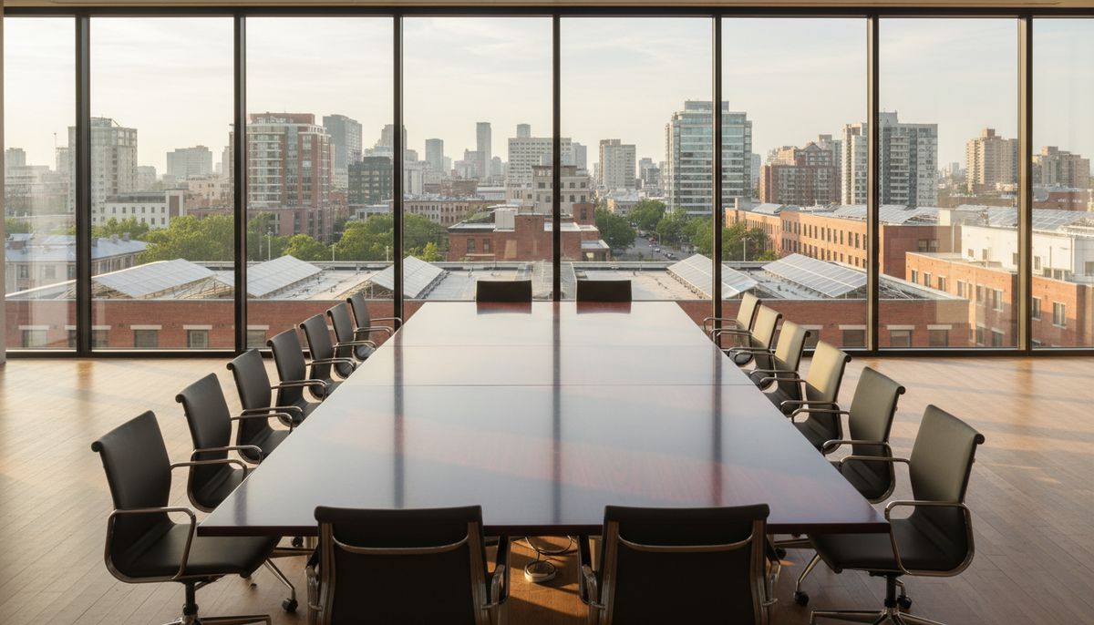 Boardroom overlooking city rooftops with solar panels