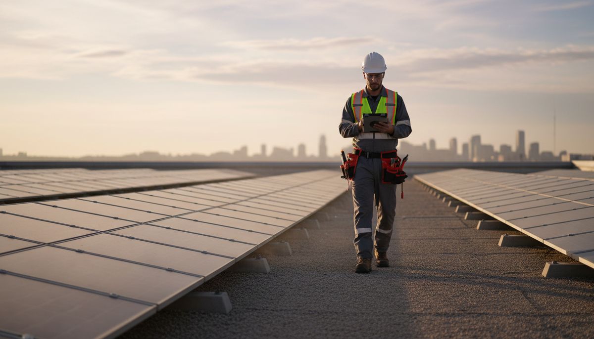 Technician walking between solar rows on a flat commercial roof