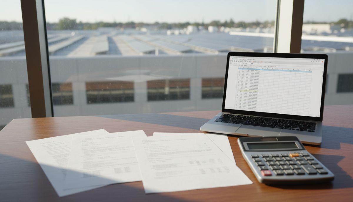 Desk with printed utility bill pages and a calculator beside a window
