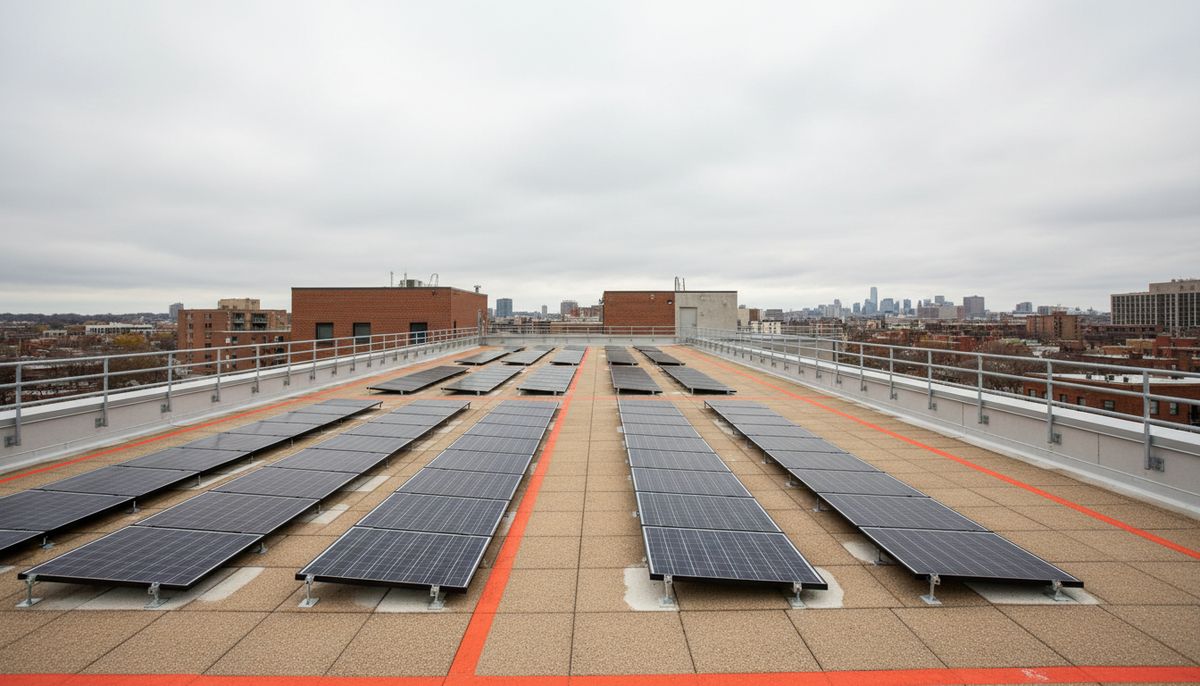 Rooftop solar array with walkways and a guardrail