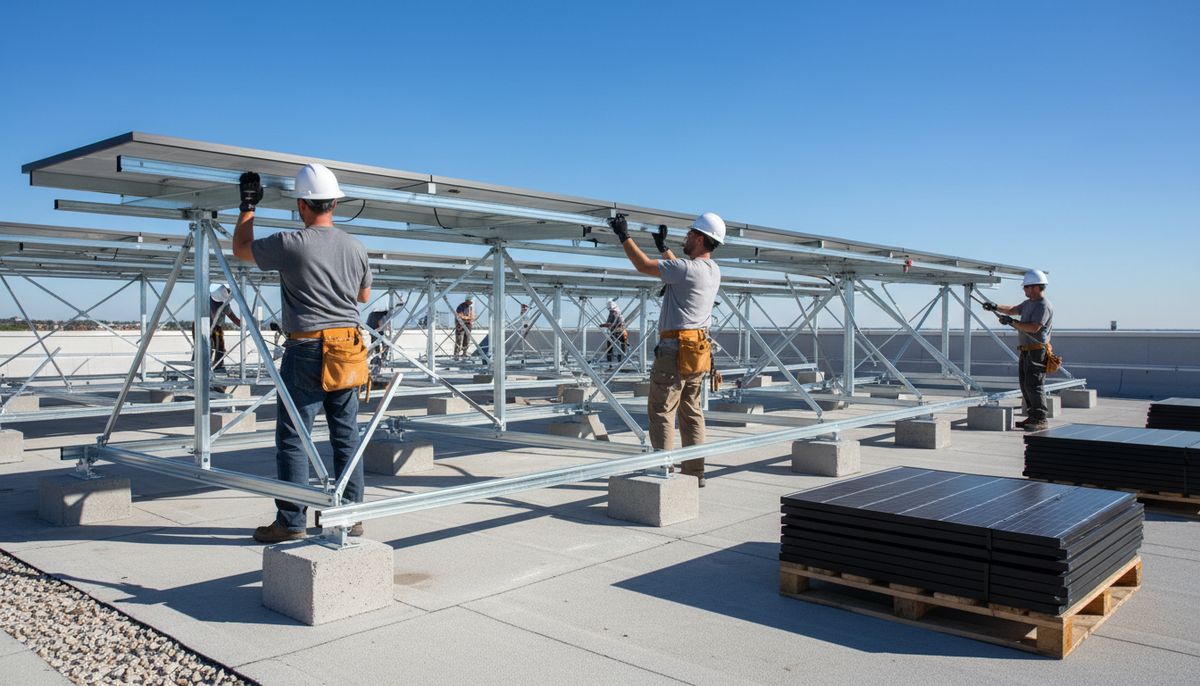 Installers mounting solar panels on a flat commercial roof