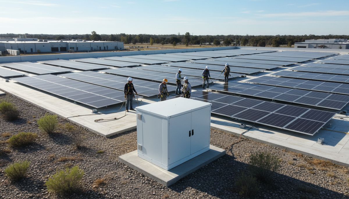 Crew installing commercial rooftop solar with a battery enclosure on the ground below