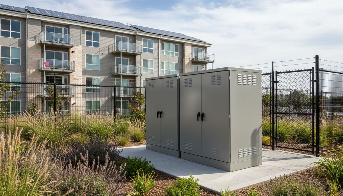 Battery storage cabinets on a pad beside an apartment building