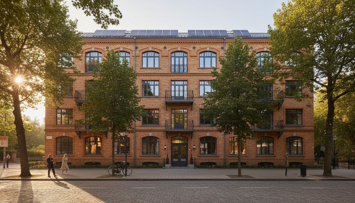 Brick mid-rise apartment building with rooftop solar at golden hour