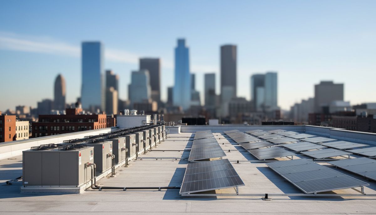 Multifamily roof with heat pump units alongside solar panels