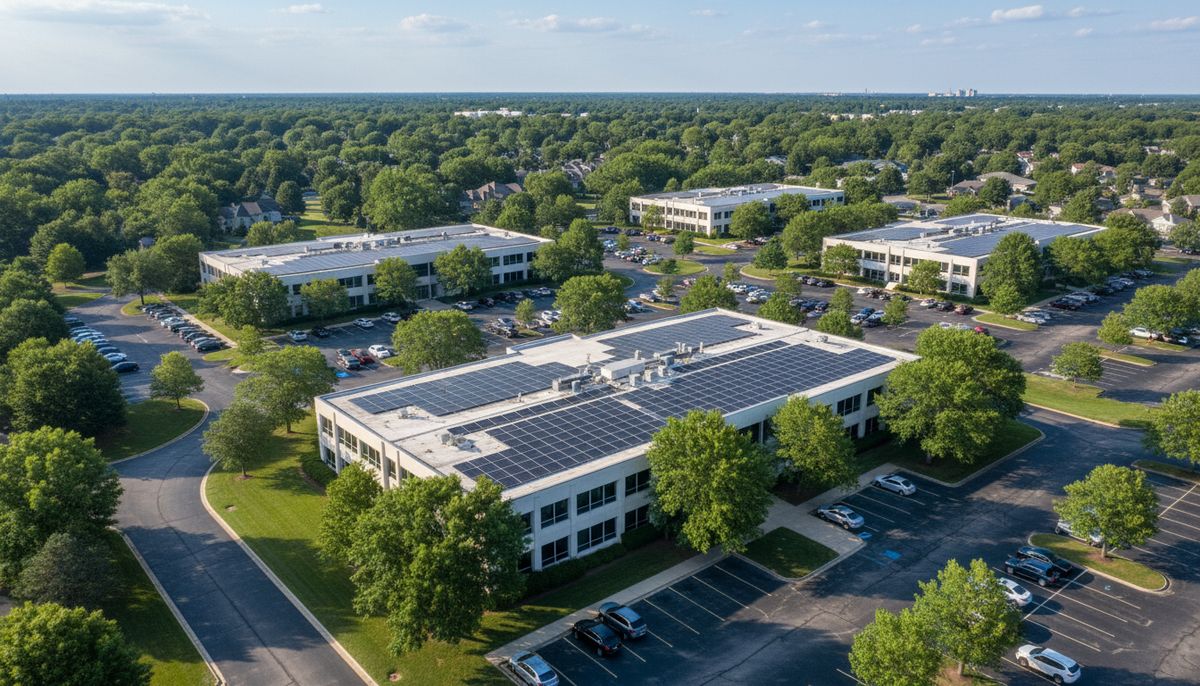 Aerial view of an office park with rooftop solar arrays