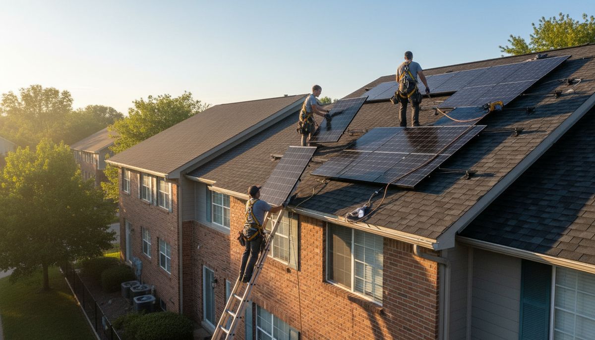 Solar installer crew working on a townhome roof