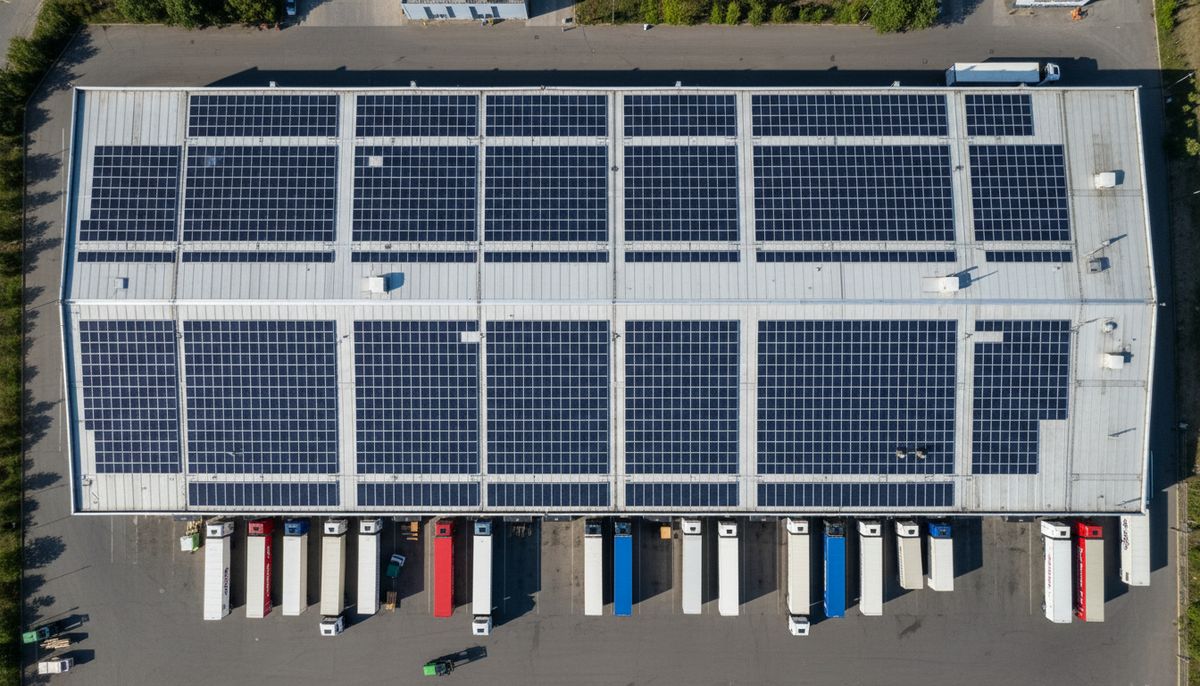 Top-down view of a warehouse roof covered in solar panels