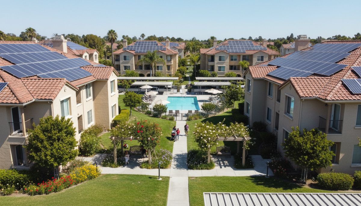 Garden-style apartment community with rooftop solar on every building