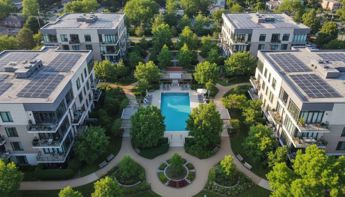 Aerial view of a mid-rise apartment complex with rooftop solar