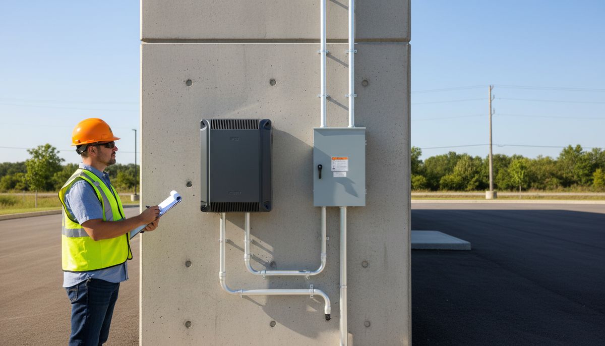 Inspector checking a solar inverter on a commercial building wall