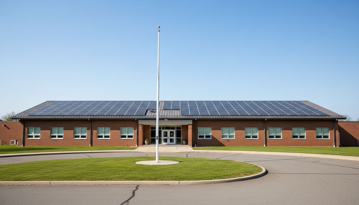 School building with a large rooftop solar array
