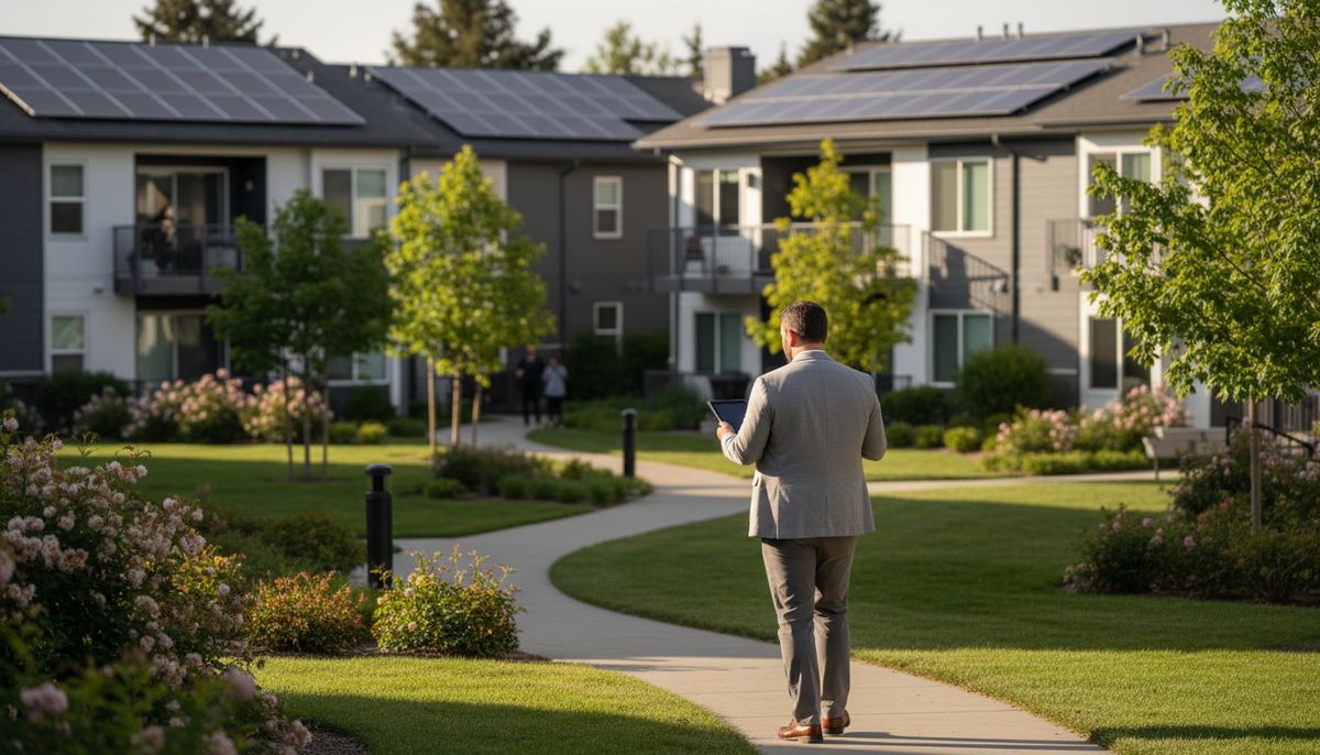 Property manager with a tablet walking through an apartment community with solar