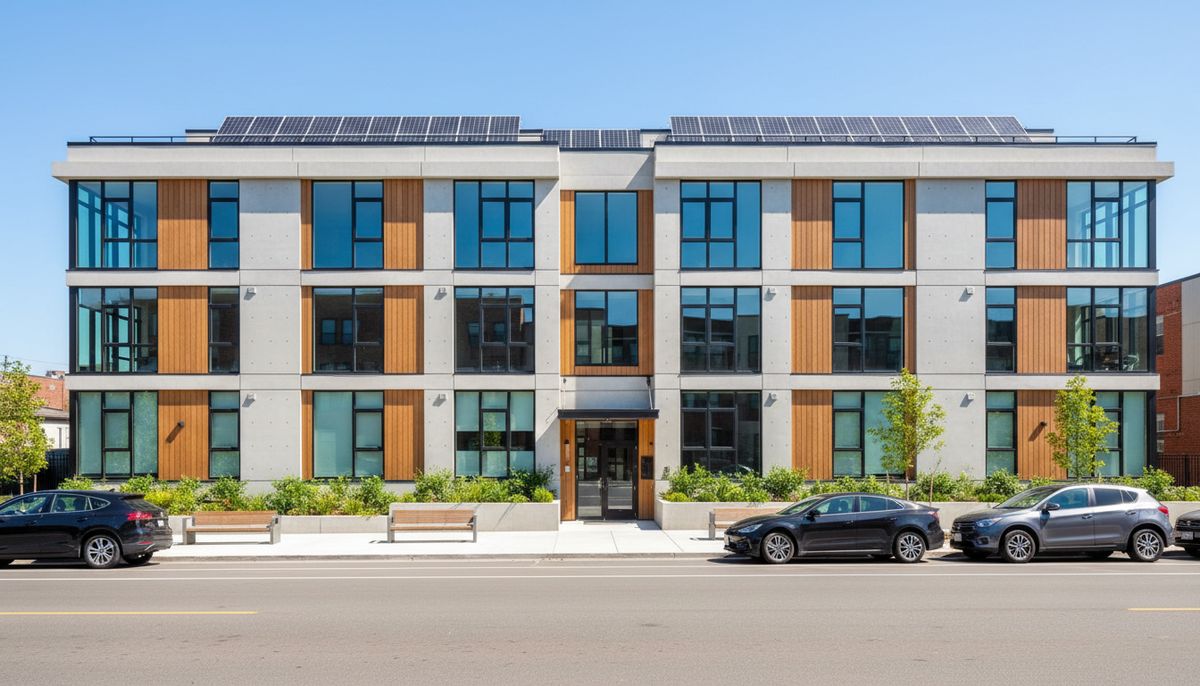 Modern apartment building with rooftop solar seen from the street