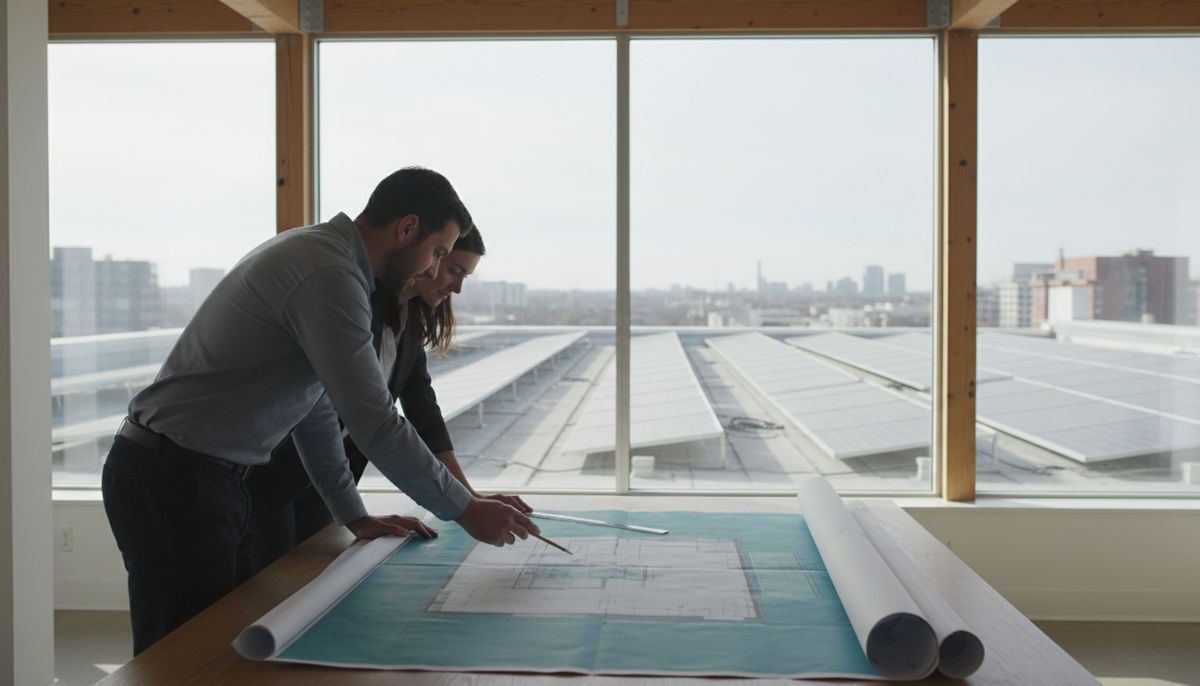 Two people reviewing site plans in an office with rooftop solar outside