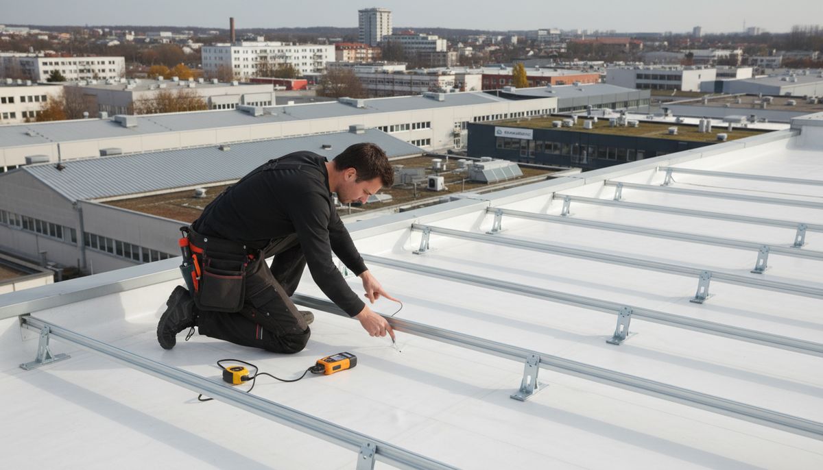 Roofer inspecting a membrane roof beside solar racking