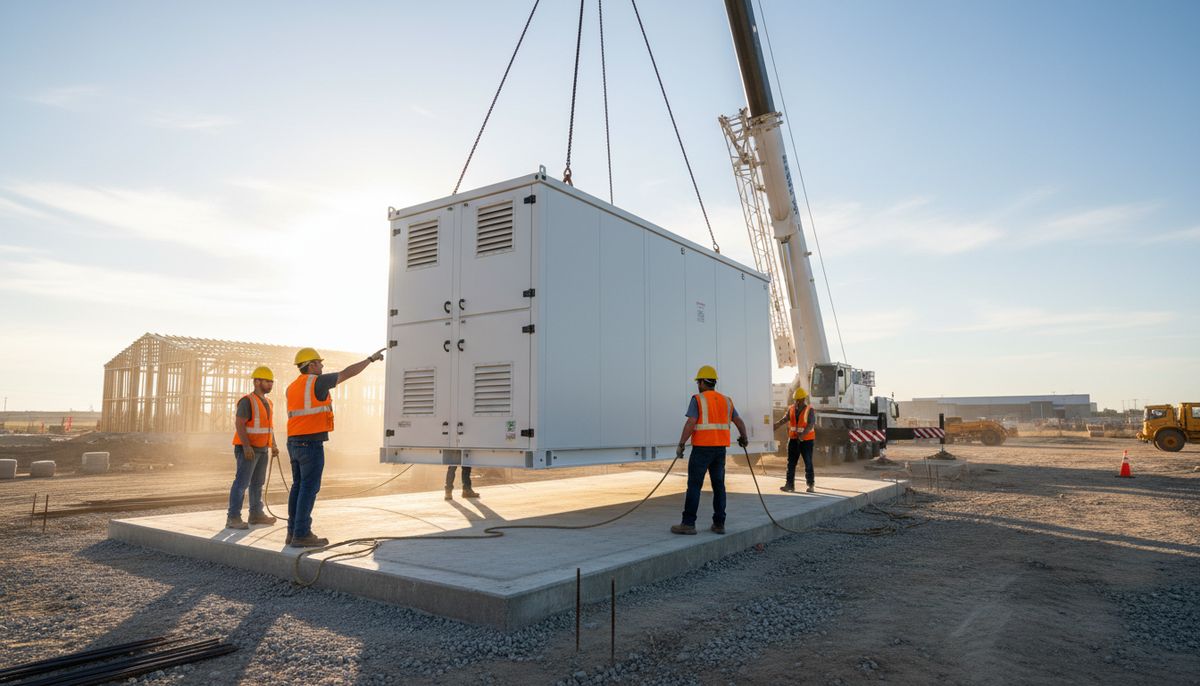 Crane setting a battery storage enclosure on a pad at a commercial site