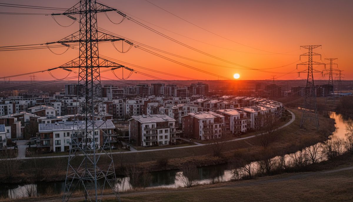 Transmission lines at sunset with apartment buildings beyond