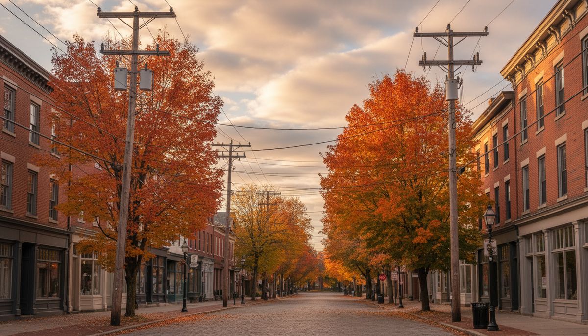 Connecticut town street with utility poles and autumn trees