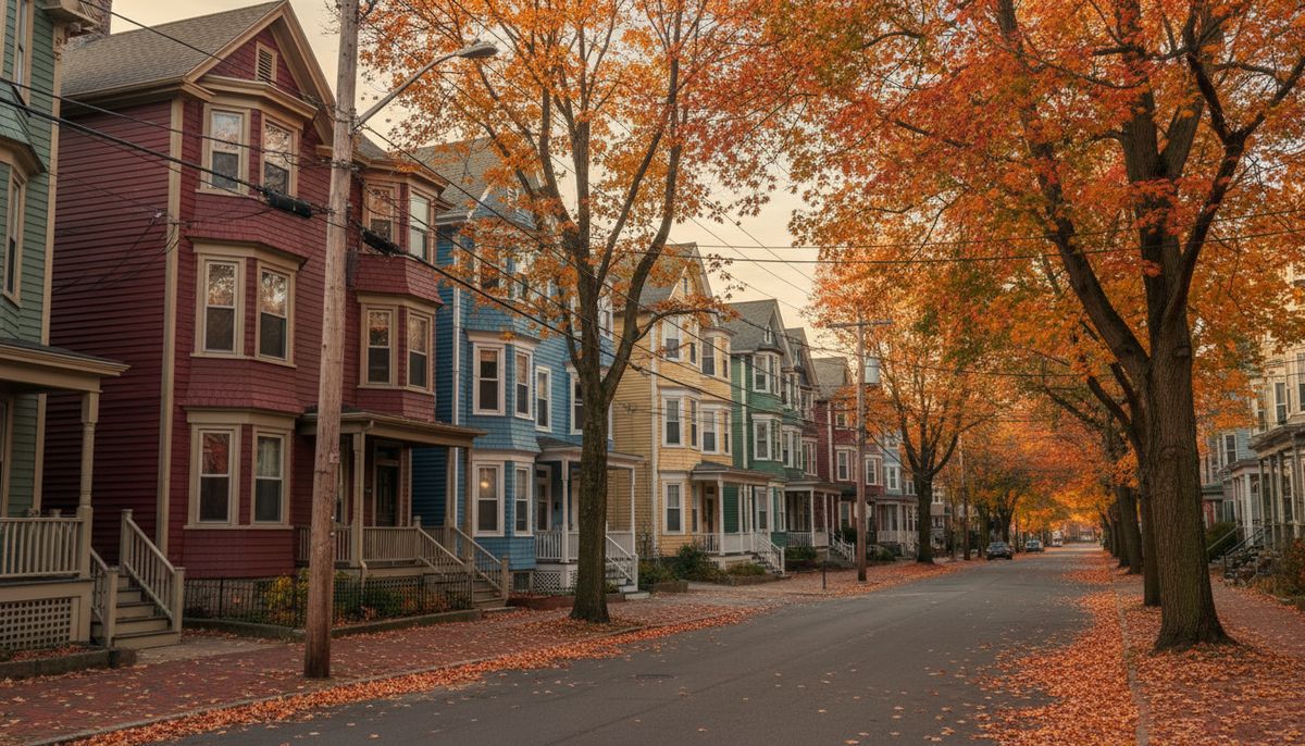 Massachusetts street of triple-decker houses with utility lines